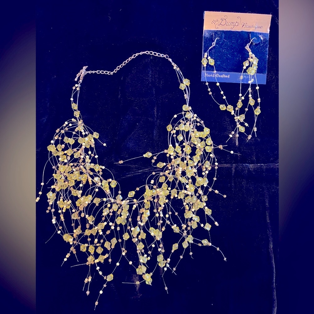 The Dump Boutique Hand crafted cascading lime green bead necklace and earrings
